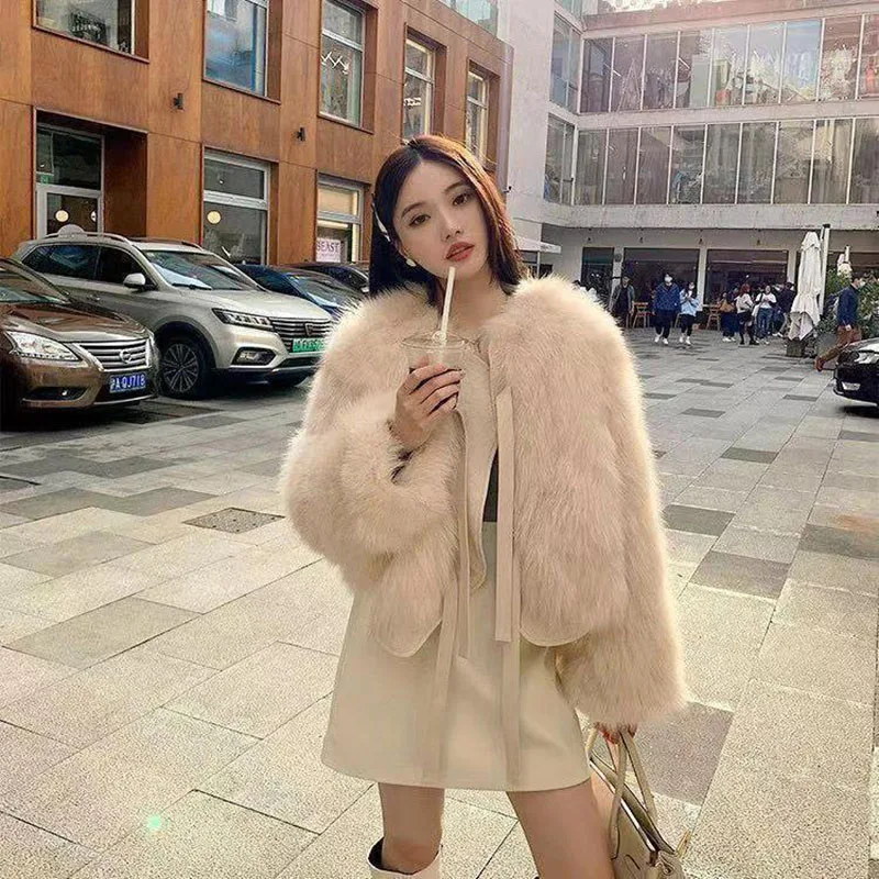 Biyaby High Quality Cropped Faux Raccoon Fur Coat Women Winter Fashion O Neck Long Sleeve Fluffy Short Faux Fur Jacket Crop Top