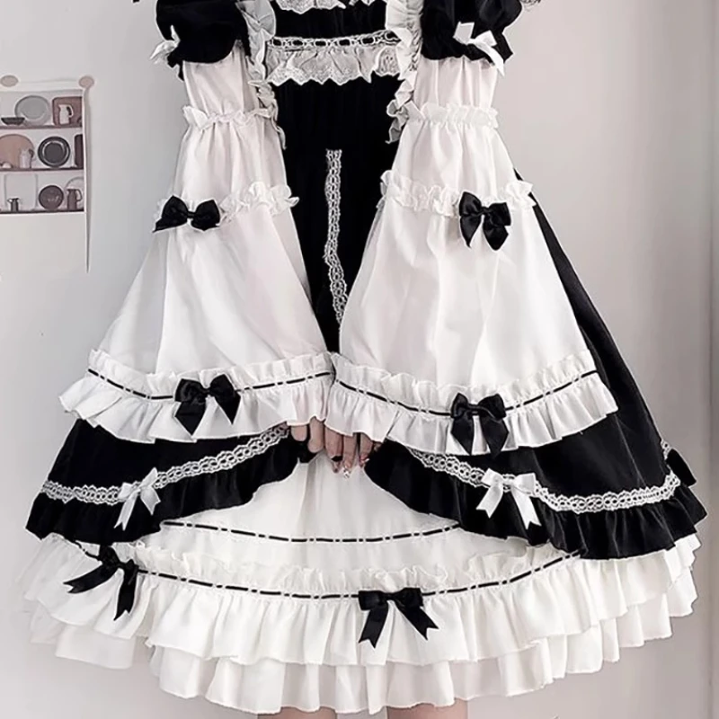 L-4XL اليابانية لوليتا فضفاضة كبيرة الحجم للإزالة فستان بكم طويل المرأة الصيف الظلام الحلو القوس الكشكشة مزاجه فساتين #6