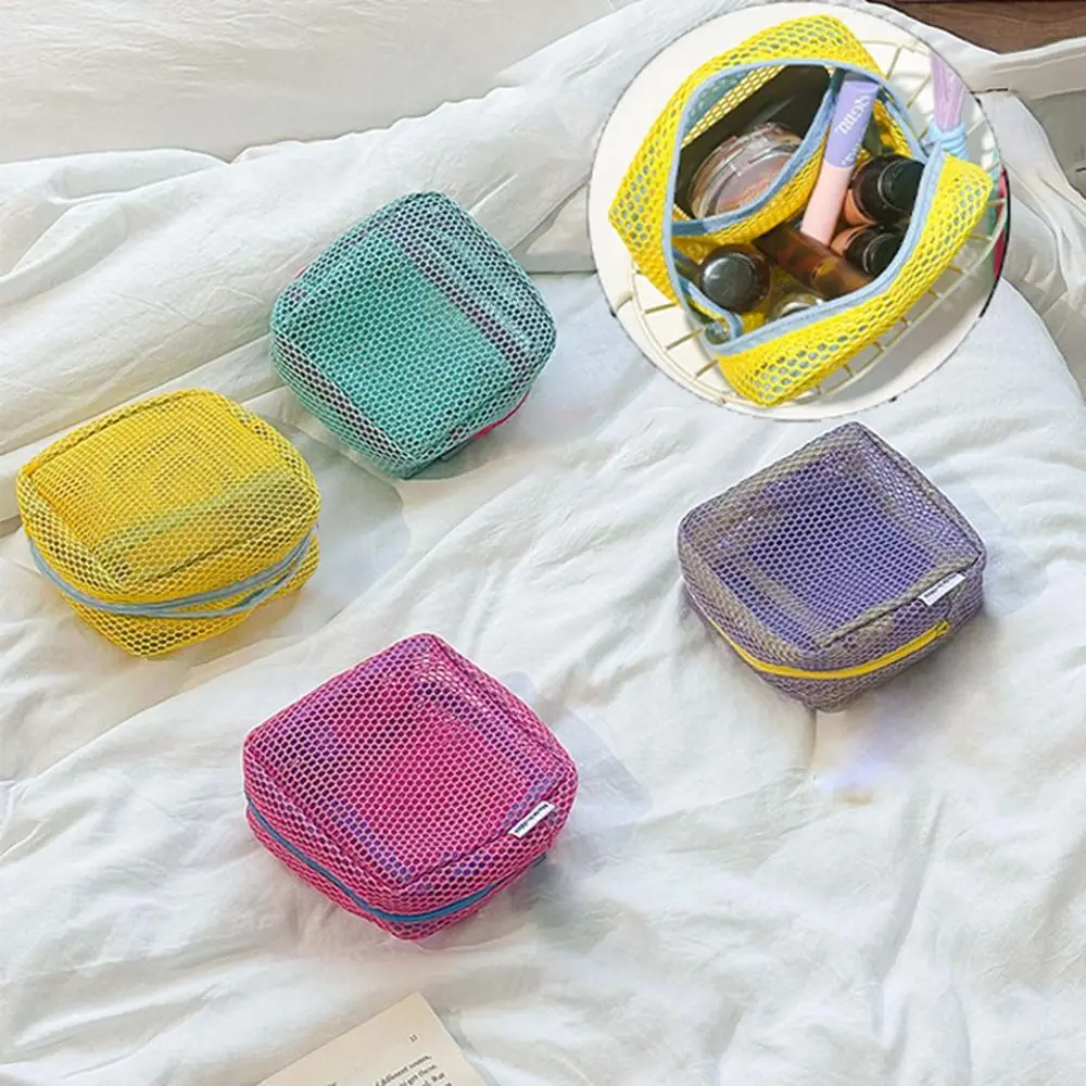 

Durable Portable Mesh Cosmetic Bag Dopamine Color Storage Makeup Case Women Mesh Toiletry Storage Pouch Organizer