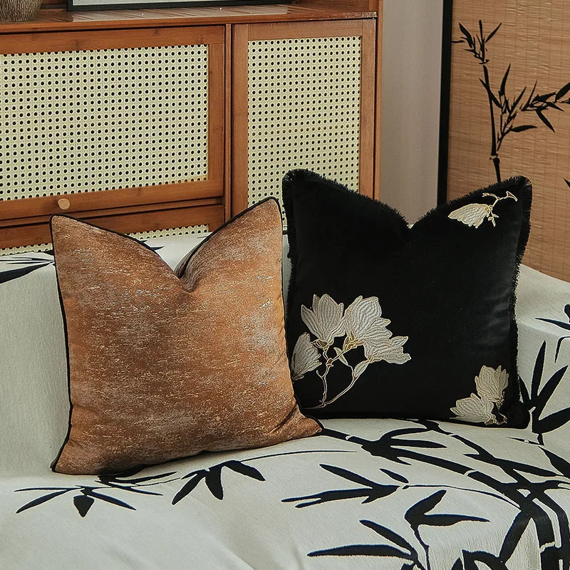 Luxury Modern Vintage Cushion Cover 45x45cm 50x50cm Black Jade Orchid Embroidered Pillow Case for Sofa High-End Home Decor