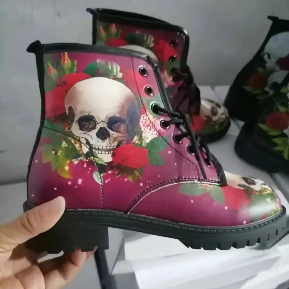 2024 Skull Flower Print High-Top Sneakers Women Boot Autumn Winter Fashion Woman Ankle Boots Plus Size 43