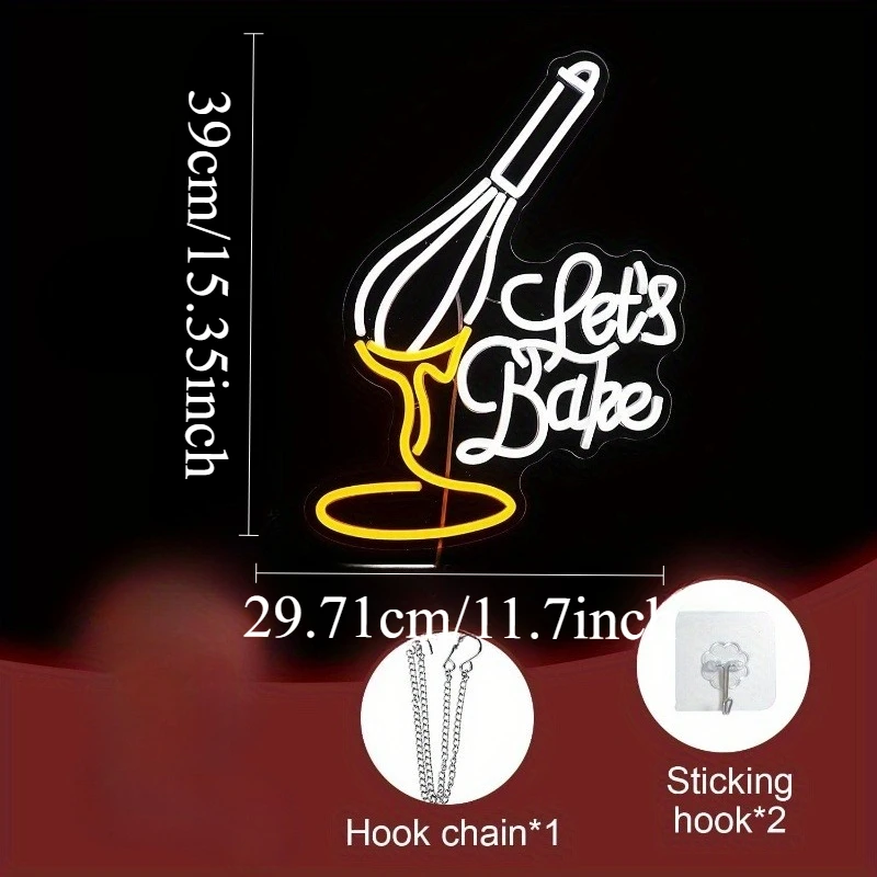 Let's Bake Neon Sign Dimmable USB LED Culinary Neon Light for Bakery Cake Shop Baking Studio Kitchen Dessert Shop Wall Decor