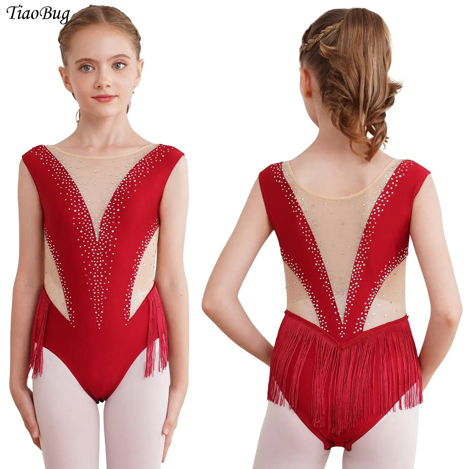 

Kids Girls Figure Skating Performance Costume Shiny Rhinestone Fringed Leotard Sheer Mesh Patchwork Tassel Latin Dance Bodysuit