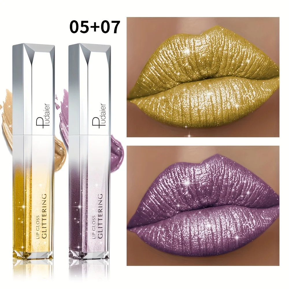 2PCS 글리터 립글로스 세트-매트 & 샤이니, 방수, 오래 지속, 끈적이지 않음, 비건 립글로스 결혼식, 파티, 데일리 메이크업용