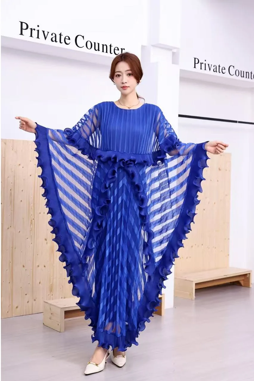 2025 Summer French Women's Clothing Fungus Edge Mesh Fake Two Irregular Design Pleated Long Dress Versatile