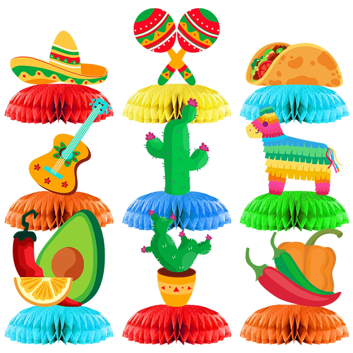 9Pcs Fiesta Mexican Theme Cactus Taco Guitar Desktop Honeycomb Ornament for Mexican Cinco De Mayo Birthday Party Decoration