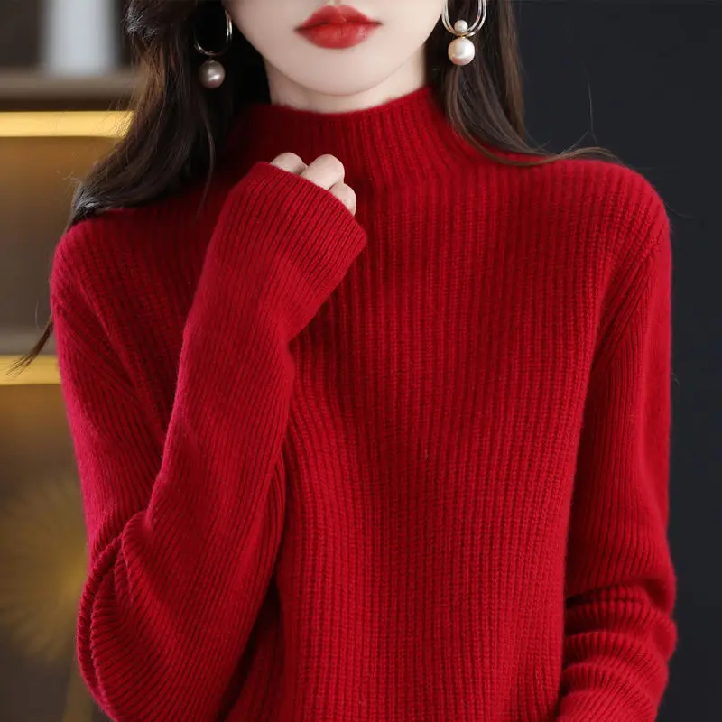 2023 New Women Wool Sweater Autumn Half Turtleneck All-Match Sweater Female Fashion Loose Cashmere Sweater Bottoming Shirt