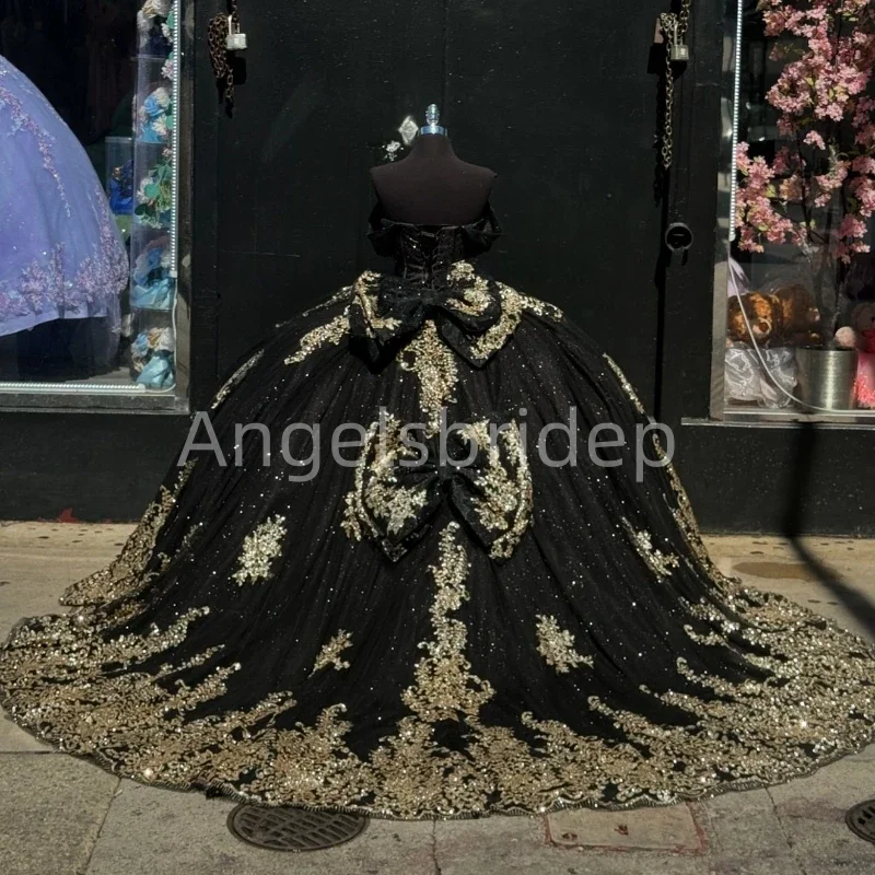 Angelsbridep Abito da ballo nero personalizzato Abiti Quinceanera Applicazioni in oro Perline Abito da sera da sera Donna Abiti da festa