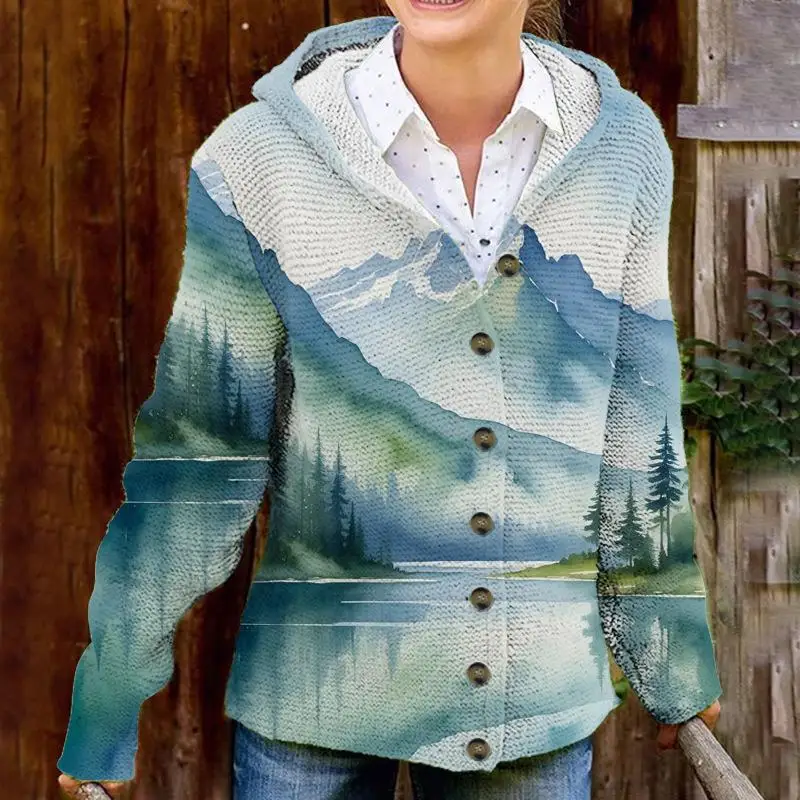 

Hooded Knitted Cardigans Sweaters Jaets Women's Loose Fit Printed 3D Effect Polyester Fiber Medium Thin Winter Coat