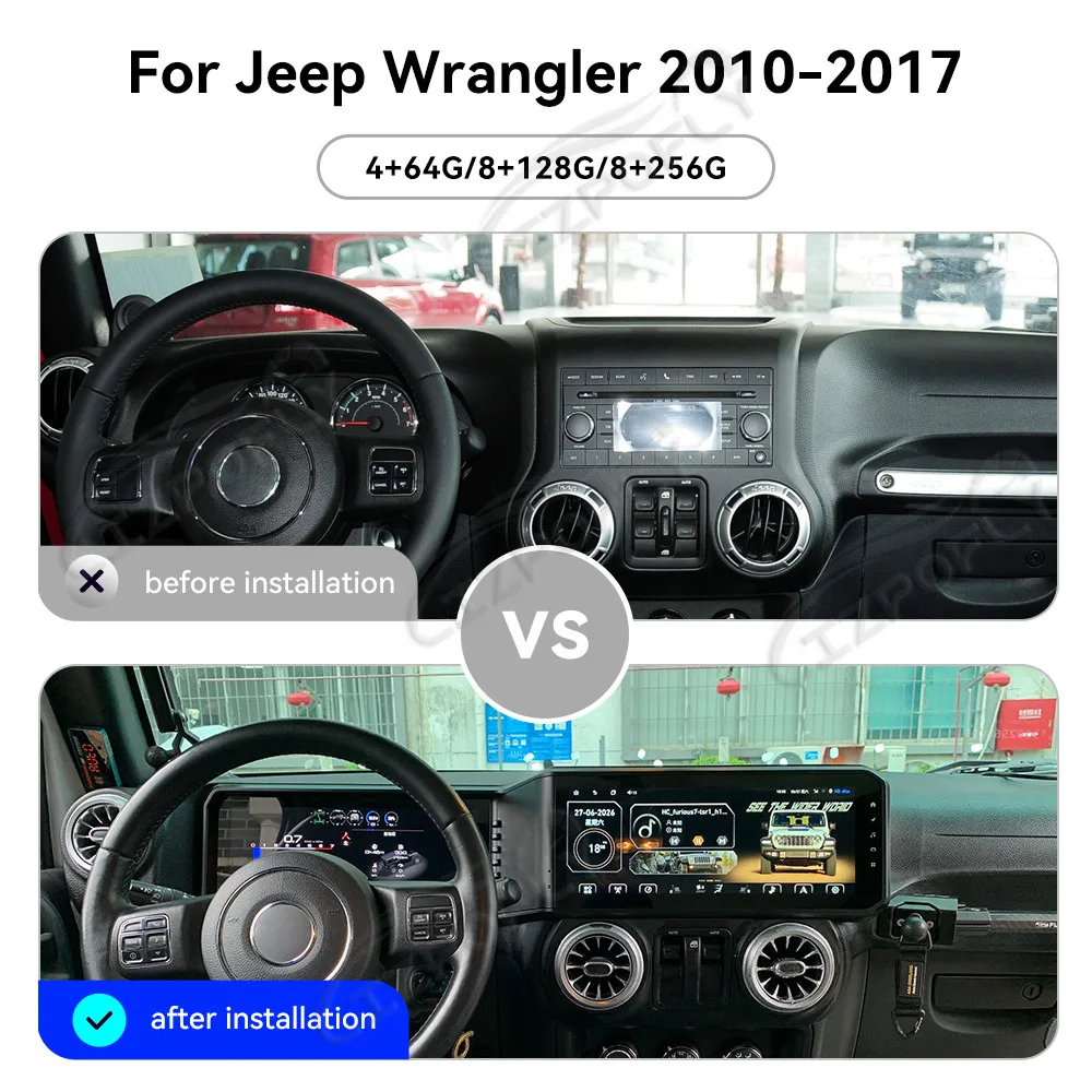 Lizpofly Dual 12.3 inch Android Car Radio For Jeep Wrangler 2010-2017 CarPlay GPS Navigation Multimedia Video Player Stereo