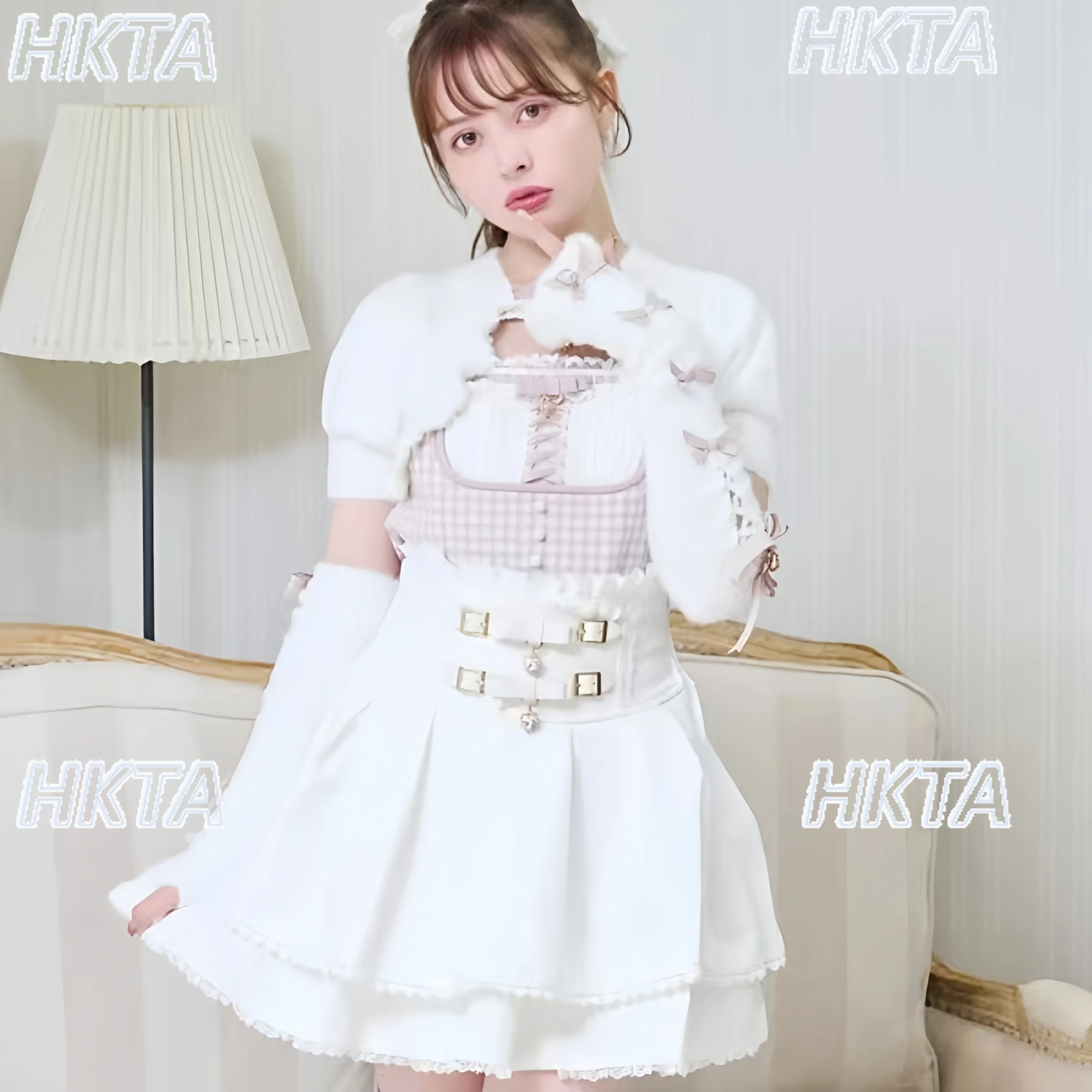 

Japanese Style Liz Sweater Women Sexy Halter Sweet Bow Plaid Fluffy SweatersAttached Sleeves Autumn Winter New Lolita Sweater