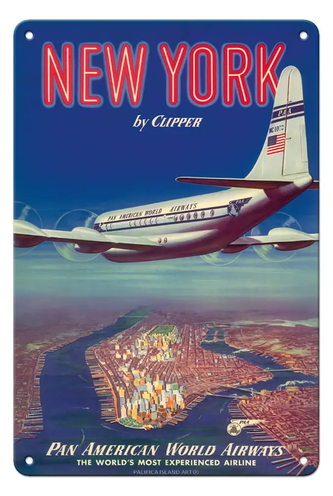 New York USA by Clipper - 377 over Manhattan Island - Pan American World Airways - Vintage Airline Travel Poster c.1950-  Vintag