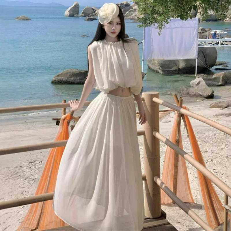 

Round-neck Waist-exposing Sleeveless Top A-line Skirt Set for Women 2026 Summer Fashion Elegant Skirt Translucent Two-piece Set