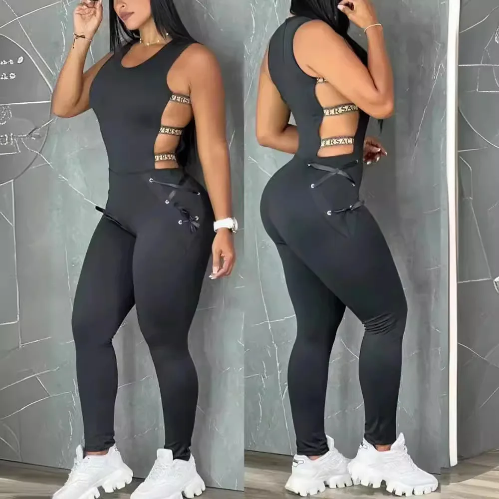 Women\'s Hollow Out Jumpsuit Summer Clothes Sleeveless Sexy Ladder Yoga Seamless Gym Skinny Casual Daily Long Jumpsuit