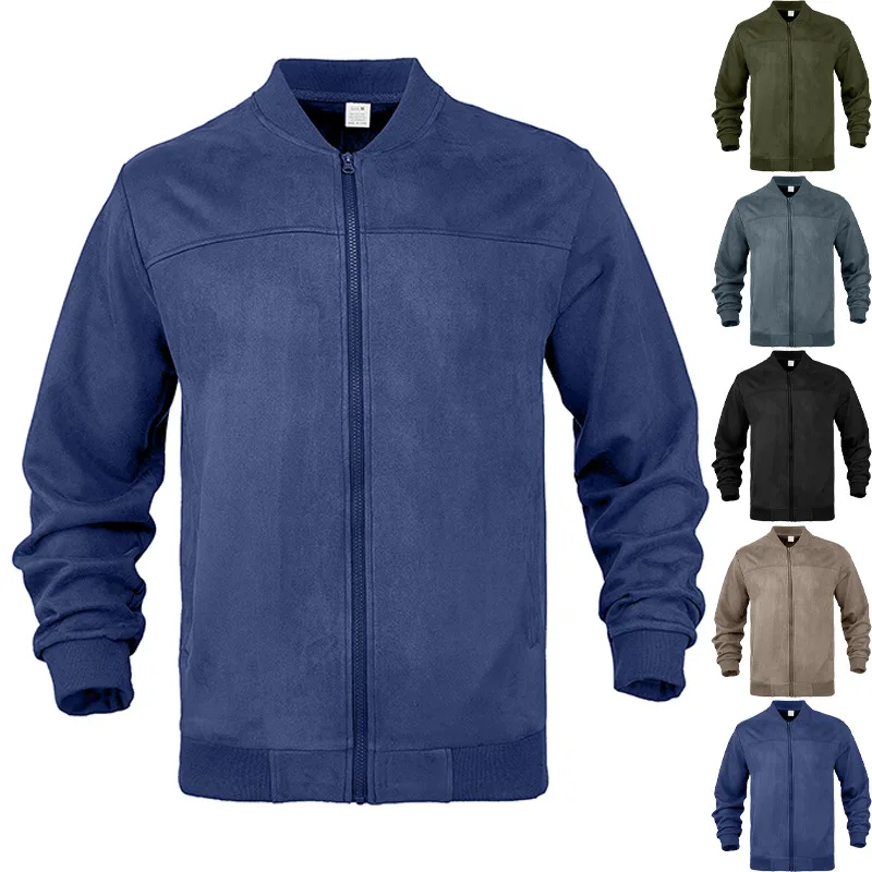 

2027 Men's Suede Pure Color Casual Sports Stand-up Collar Zipper Jacket, Large Size, Double-breasted Long-sleeved Coat