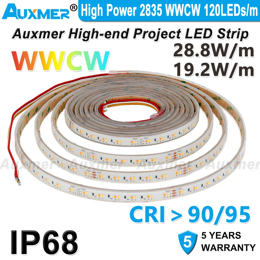 

High Power 2835 WWCW LED Strip Lights,120LEDs/m IP68 Waterproof Dynamic White LED Tape CRI90/95,19.2W 28.8W/m DC12/24V Bathroom