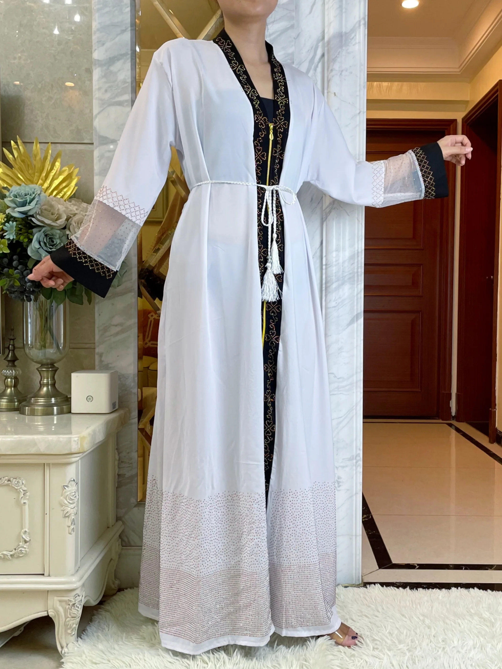 2023Abaya Muslim Maxi Long Sleeve Dress Chiffon Fabric Women Diamond Arab Dubai Islamic Clothing Autumn New Loose Casual Turkey