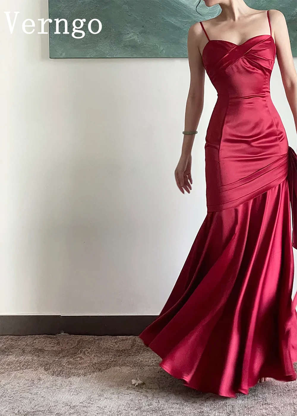 Verngo Green /Red Satin Evening Dress Spaghetti Straps Mermaid Prom Gown For Women Simple Dresses For Formal Occasion Customized