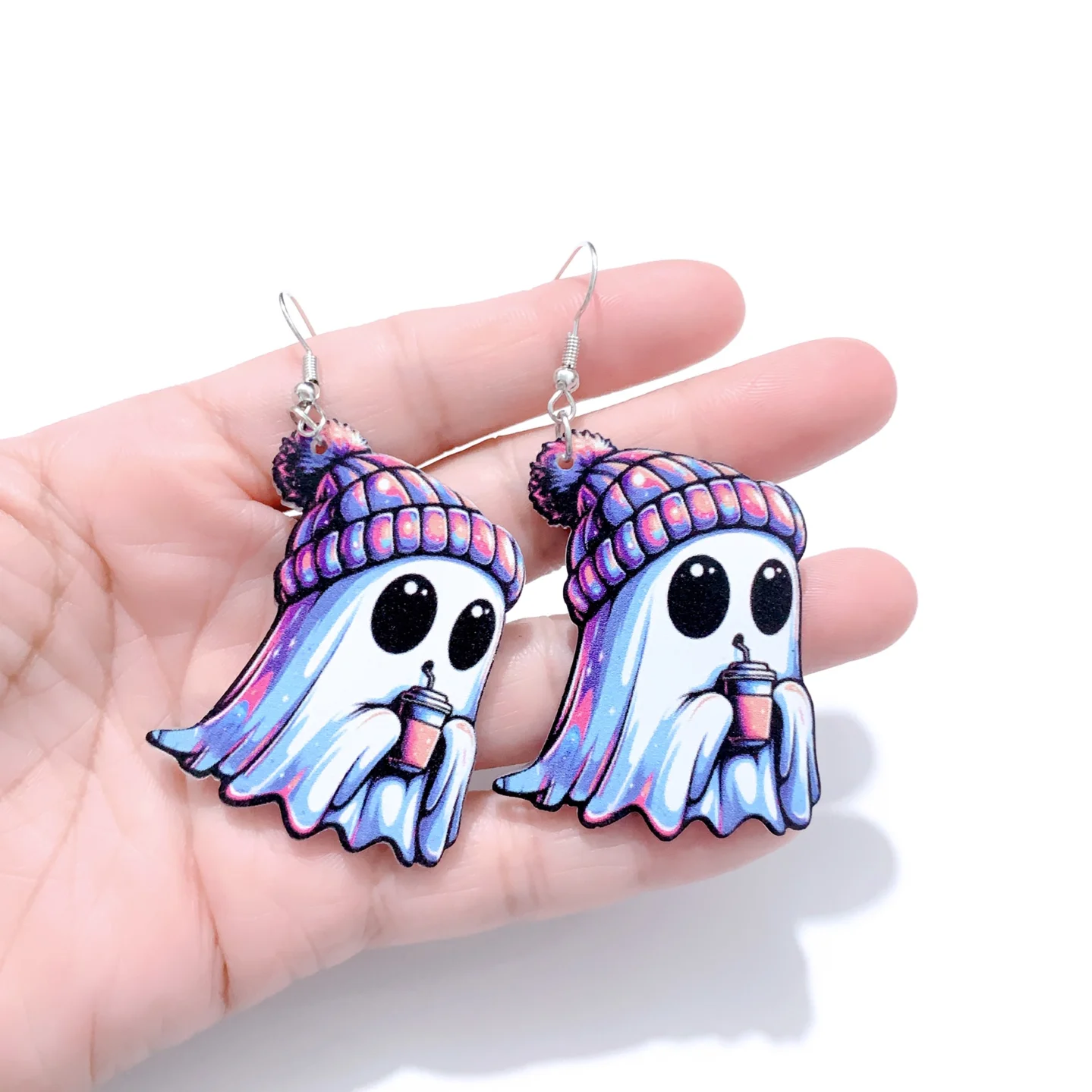 Double Sided Acrylic Ghost Earrings for Women Ear Rings Woolen Hat Milk Tea Pendant Jewelry Halloween Festival Party Gift 1 Pair