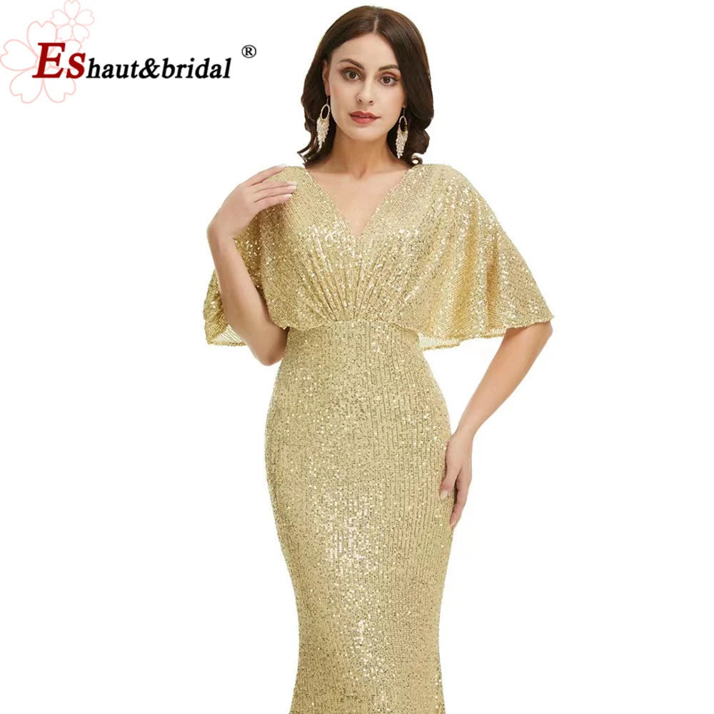 Vestidos de Noche elegantes de lentejuelas para mujer, vestidos de fiesta formales de talla grande con cuello de pico y mangas tipo capa de sirena, personalizados, 2024