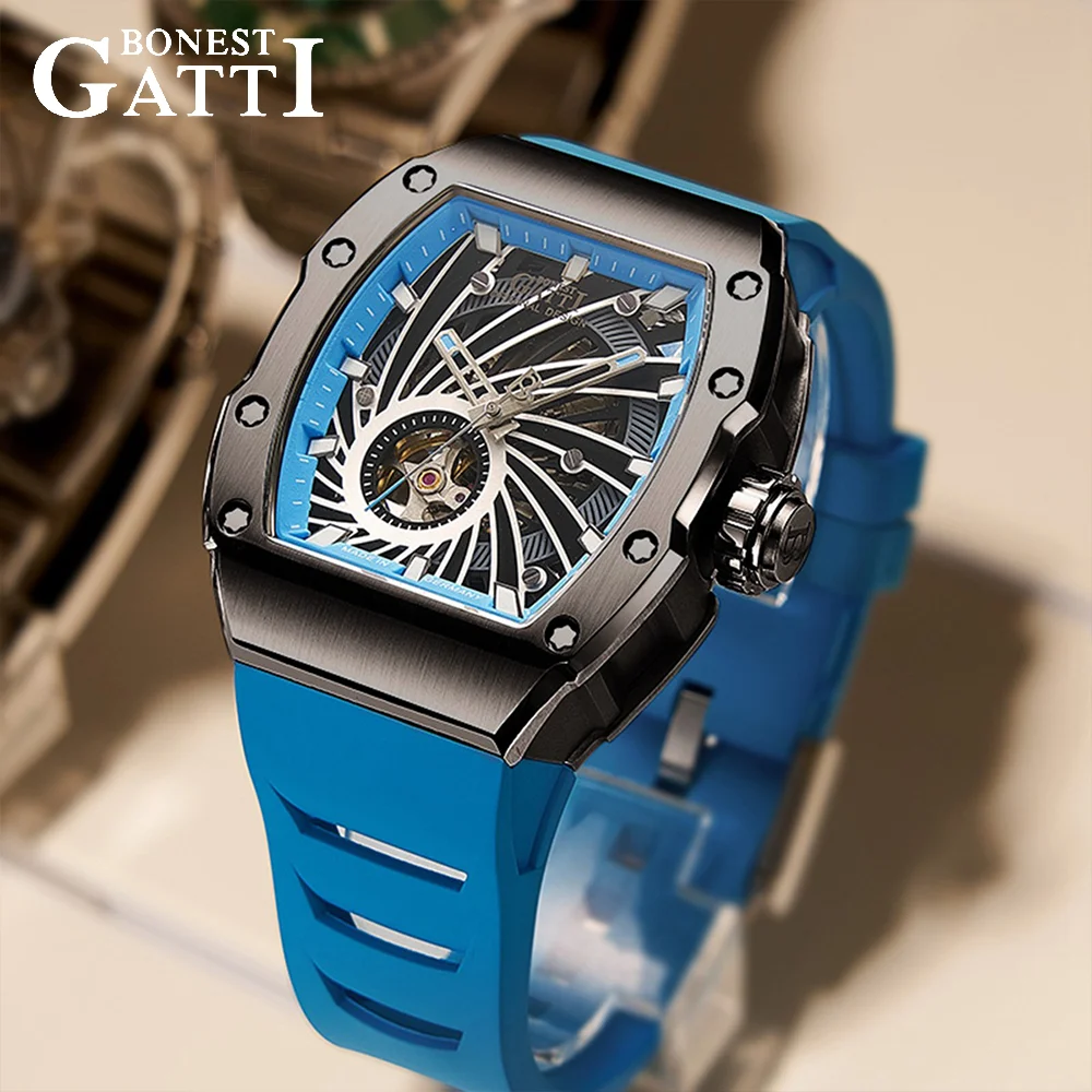 BONEST GATTI Men Luxury Trendy Automatic Mechanical Movement Wristwatch Tonneau Skeleton Steel Case Rubber Strap German Craft