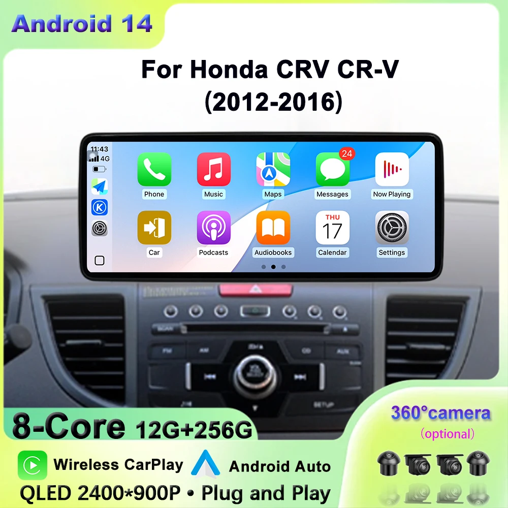 12.3inch QLED 2400*900P Wireless Carplay Android 14 Touch Screen For Honda CRV CR-V 2012-2016 Car Audio Multimedia Player DVR 4G