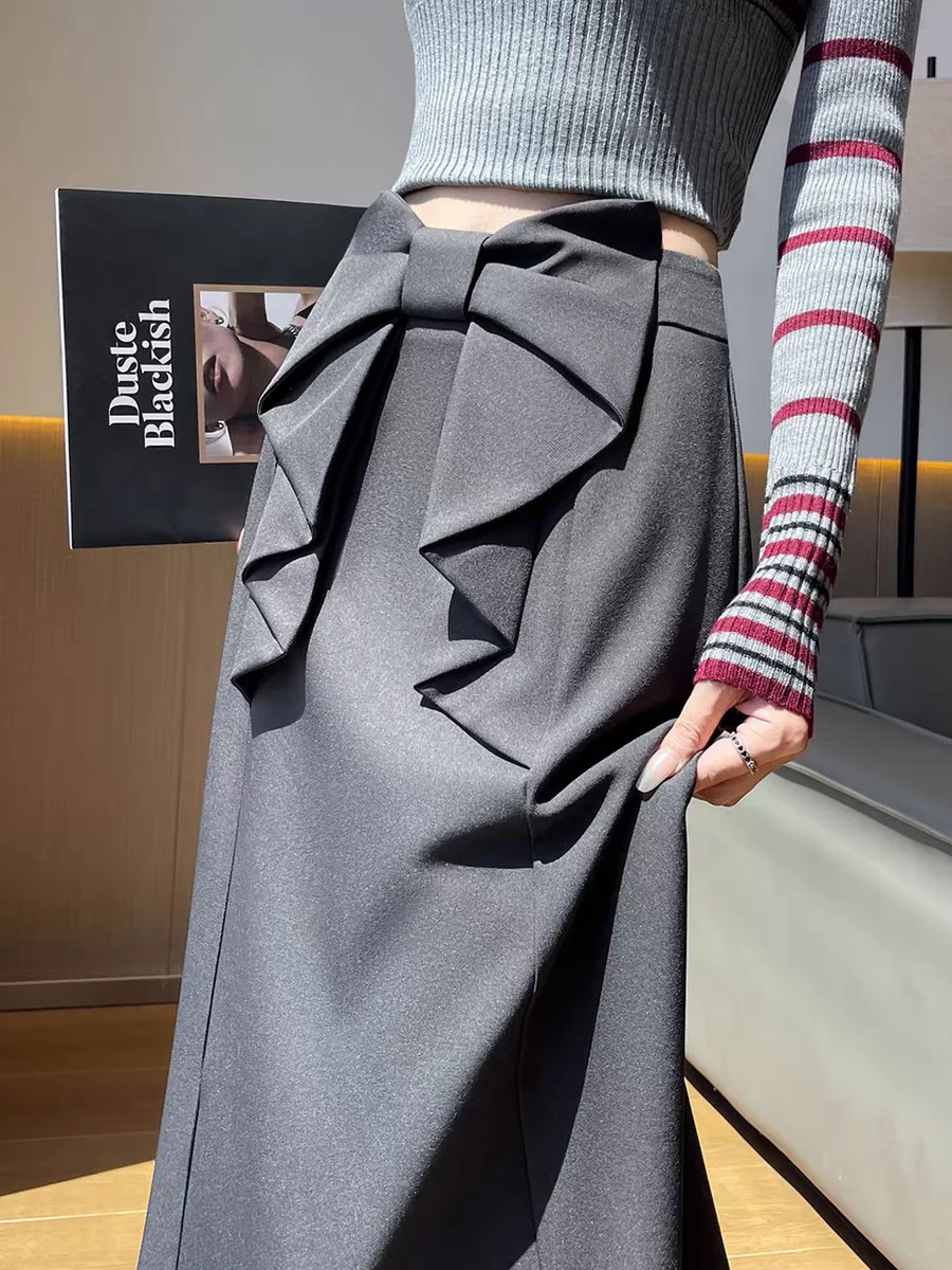 

High-Waist Blazer Skirts for Women Elegant Bow Detail A-Line Long Midi Skirt, Tapered Fit & Flaring Hem, Perfect for Petite Girl
