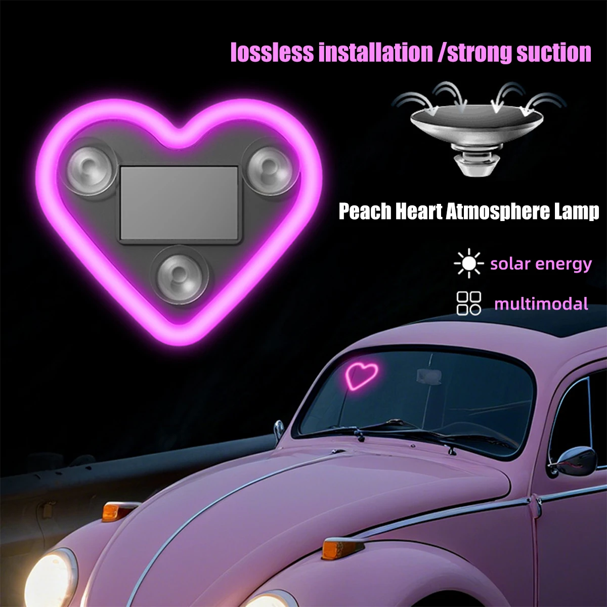 1/2x Car Triangle Window LED Solar Powered Heart-shaped Neon Light Rear Window Illuminated Interior Decoration Atmosphere Light