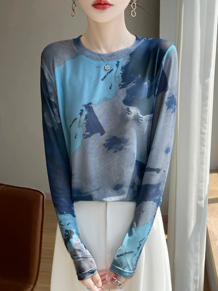 Damska koszulka na wiosnę i lato, długa, lekka warstwa bazowa, artystyczna, swobodna bluzka, wygodna, luźny krój, dzianinowa koszulka.