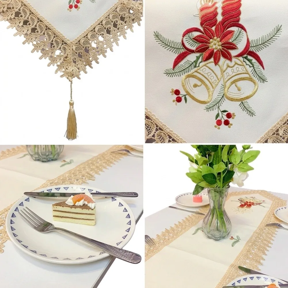Table Scarf Polyester 40x180CM White Christmas Bell Embroidery Lace Trim with Tassel for Side Cabinet Decoration