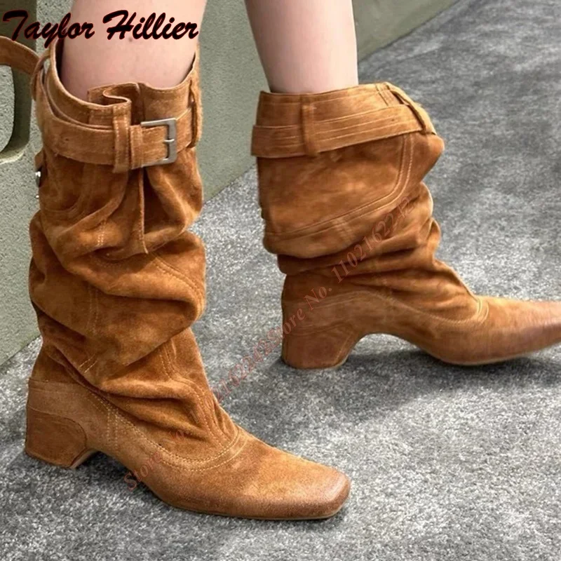 

Winter Pleated Western Boots Pointed Thick Heel Warm Knight Boots Loose Buckle Women'S Long Boots Suede Retro Party Autumn Daily
