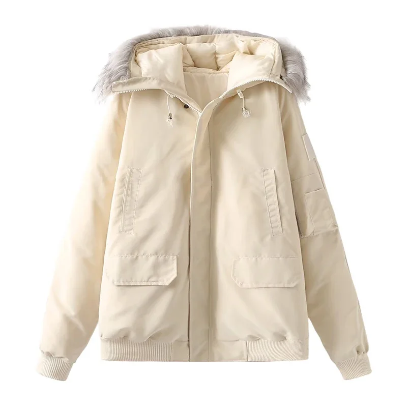 Inverno novo feminino grande pele neve parka simples e versátil vintage frio engrossar gola de pele quente com capuz algodão acolchoado jaqueta