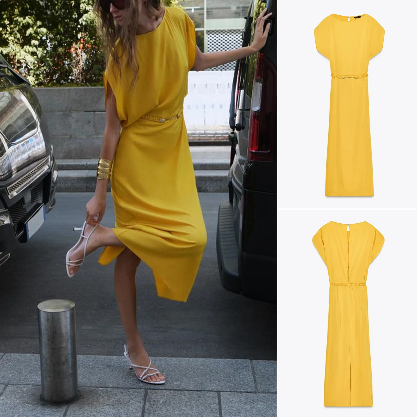 Autumnal Silk Satin Midi Dr Women's Casual ort Sve Pleated One oulder Belted V-ne Gown X-aped Polyester Fiber