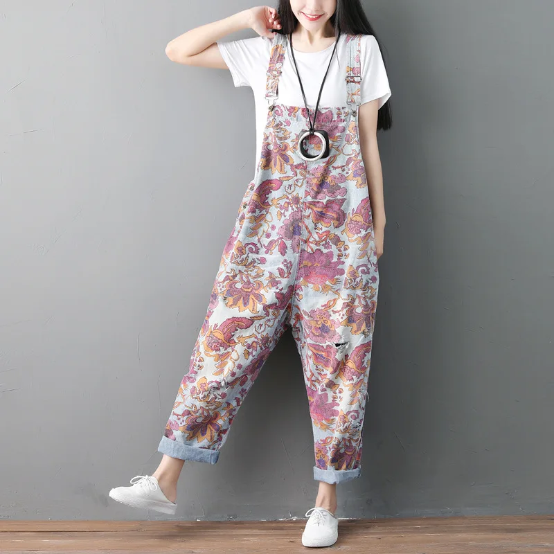 Floral Print Jumpsuit Women 2022 Retro Baggy Bib Pants Summer Autumn Japan Style Loose Casual Girls Overalls Trousers