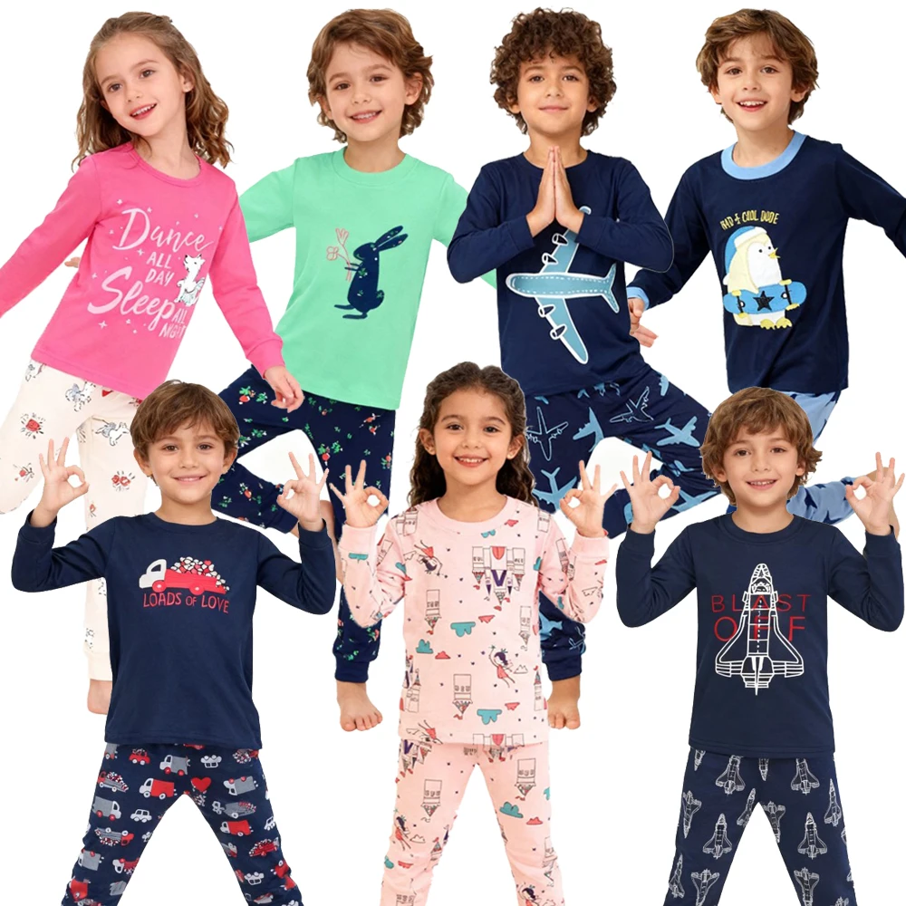 Children's Soft Long Sleeve Pajama Sets with Animal Plane Heart & Bunny Baby Boys Girls Pijamas Kids Sleepwear for Cozy Nights
