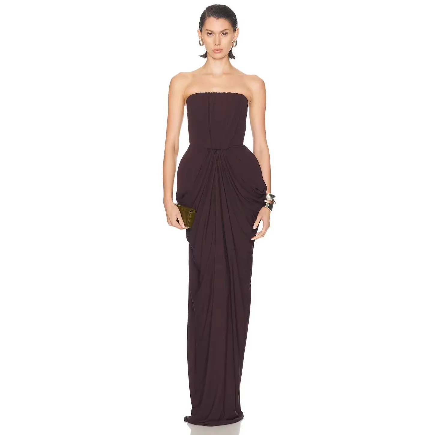 V Neck Single Maxi Length Dress Private Celebrity Style with Zipper Closure Spaghetti Strap Summer Beach Party Dress for Women