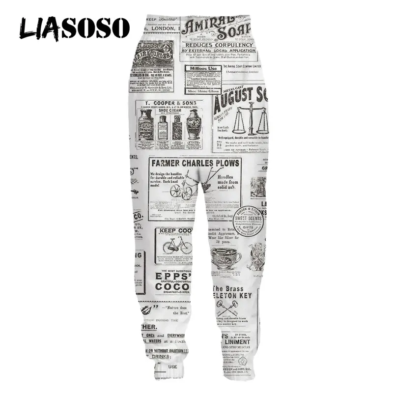 LIASOSO Old Newspaper Men Women Sweatpants Casual Harajuku Style Hip Pop 3D Print Sweat Pants Jogging Sports Men's Clothing