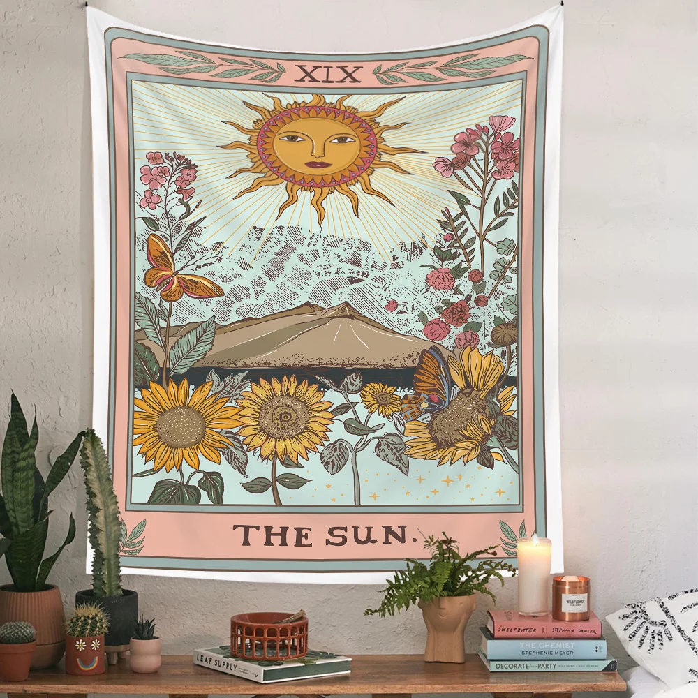 

Tarot Card The Sun Tapestry Vintage Sunflowers Mountain Wall Hanging Boho Aesthetic Polyester Room Decor for Bedroom Dorm