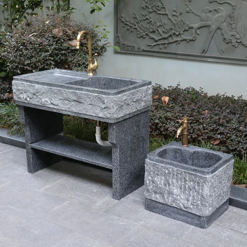 Natural Granite Laundry Tub with Washboard Integrated Marble Wash Basin Courtyard Stone Washing Basin Household Outdoor