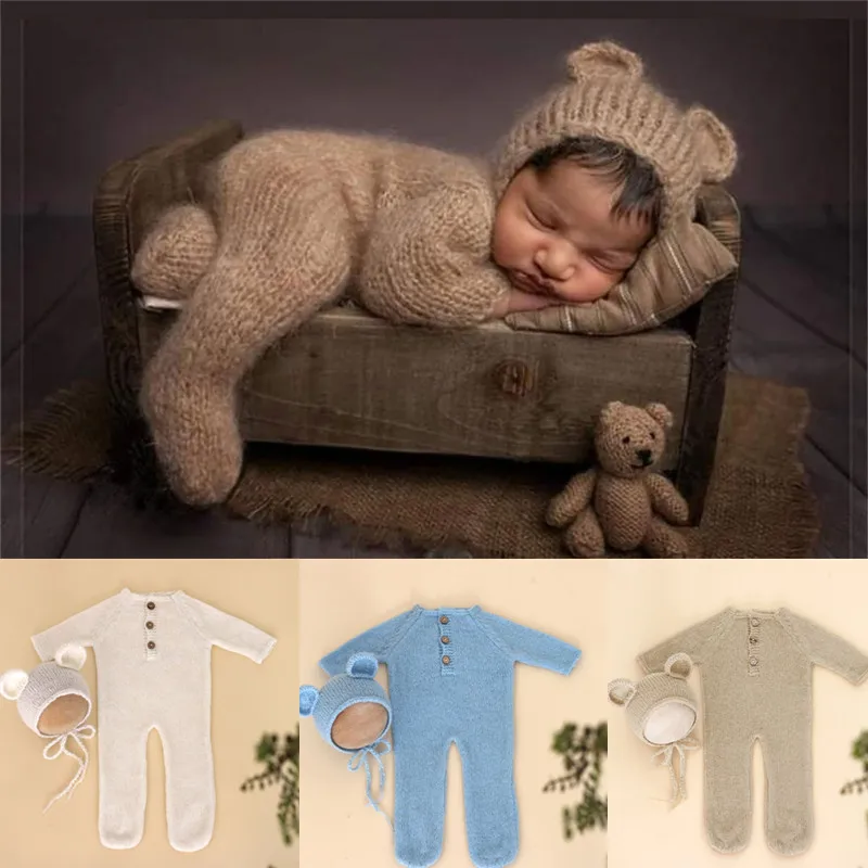 Solid Colour Mohair Bear Baby Romper+Hat for Newborn Photography Props Clothes Accessories Soft Knitted Baby Boy Girl Jumpsuit