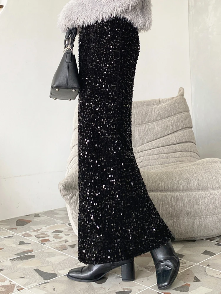 

Black Sliver Sequins Long Skirts Maxi Women Evening Party Split Skirts Female 2024 New Elegant Casual Skirts