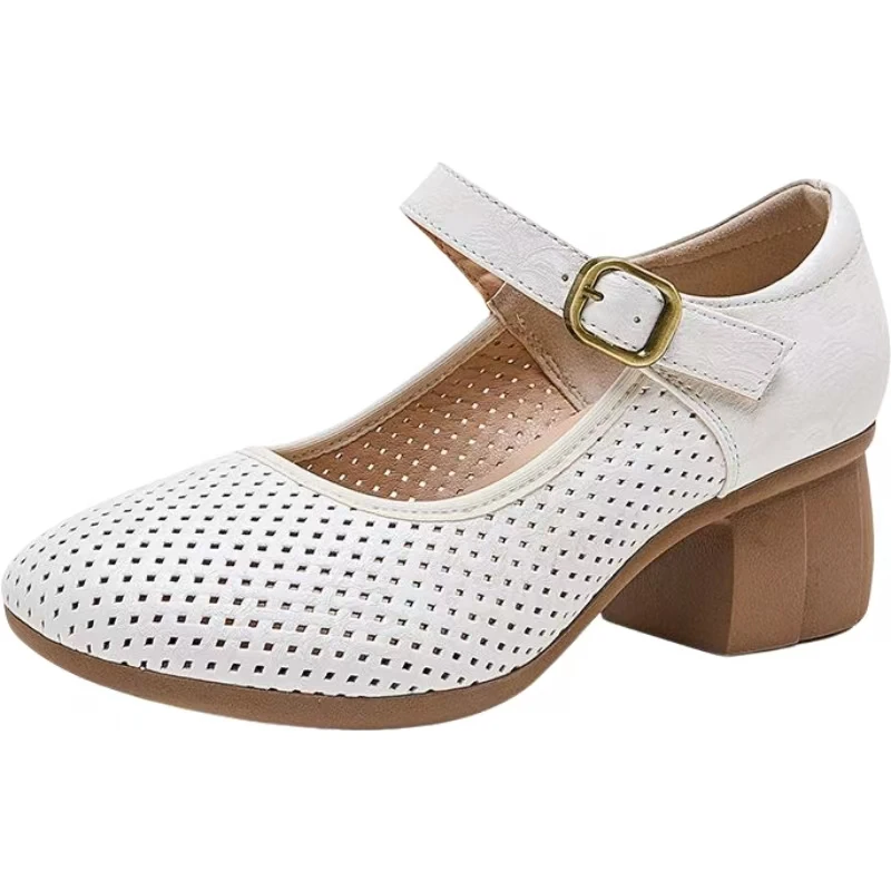 

Женские сандалии из натуральной кожи на блочном каблуке, новые летние сандалии на мягкой подошве с круглым носком, дышащие современные сандалии на высоком каблуке-липучке