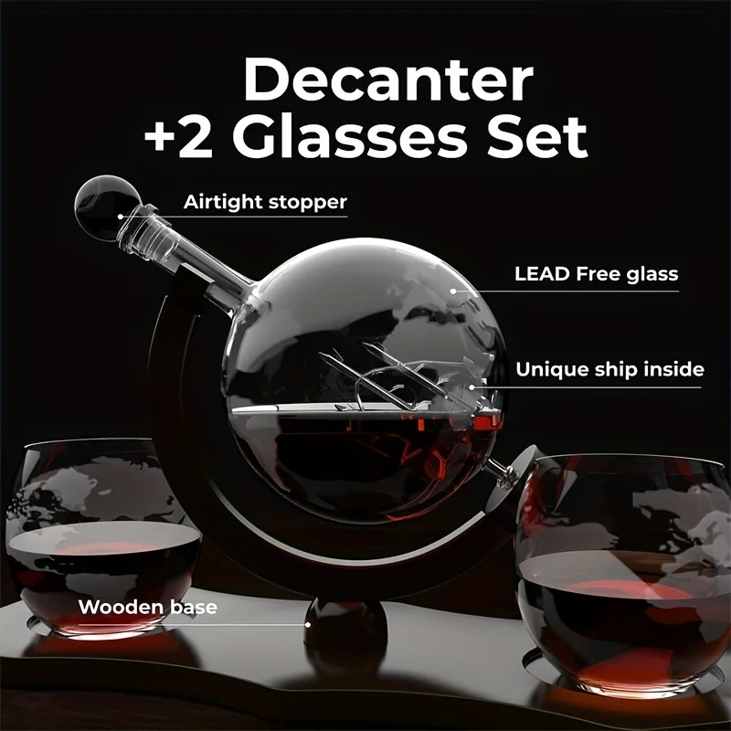 4pcs Whiskey Awakener Set with Earth Shaped Theme Equipped Glasses Funnel Transparent 900Ml/30Oz Bottle, Sailboat Decoration Set