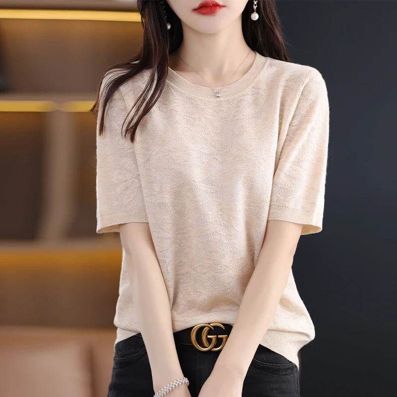 

Summer Women's Sweater Mulberry Silk Wool Pullover Short Sleeve T-shirt Knitted Thin Round Neck 3D Jacquard Fashion Half Sleeves