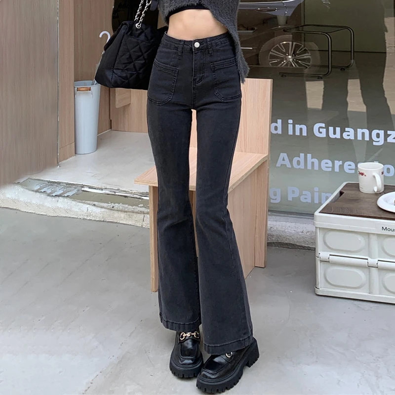 

Black Gray High-waisted Flared Jeans Women's Retro Straight Elastic Slim Slim Wide-leg Flared Pants Female Trousers