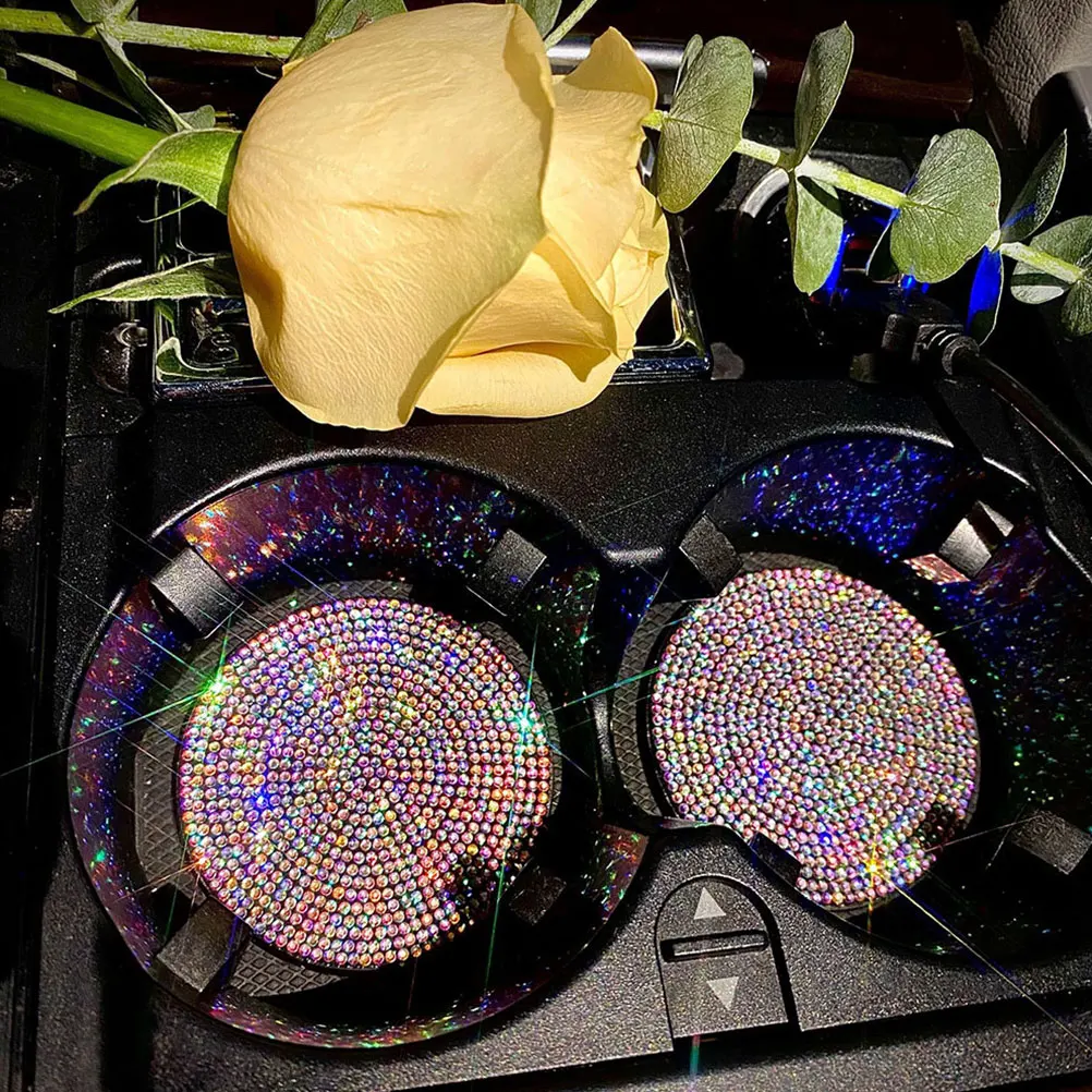 

2 Pcs Rhinestone Coasters Round Non Slip Car Cup Holder Drink Pad for Coffee Table Home Office Vehicle Accessories