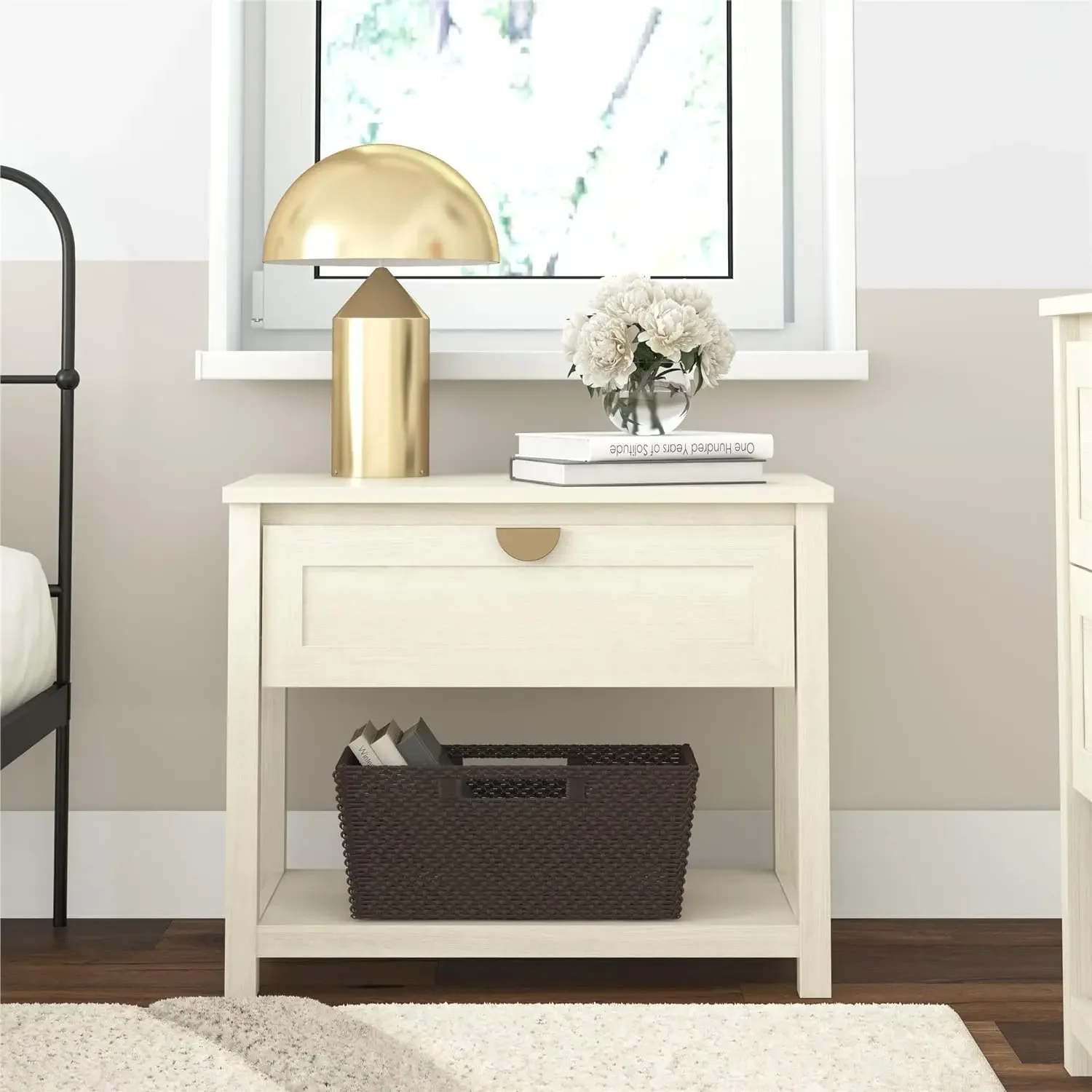 Primrose Wide 1 Drawer Nightstand with Open Shelf, Add Light and Airy Coastal Elements to Your Living Space,Ivory Oak