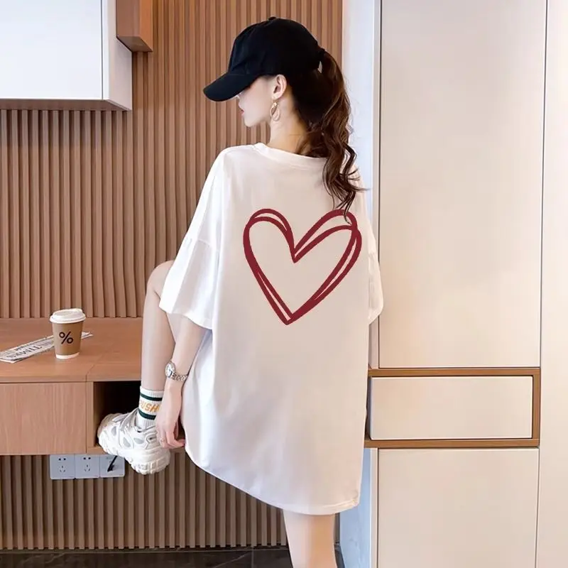 Korean Simplicity Versatile Summer Pure Cotton O-Neck Women\'s Printing Fashion Casual Loose Short Sleeve Mid-length T-Shirts Top
