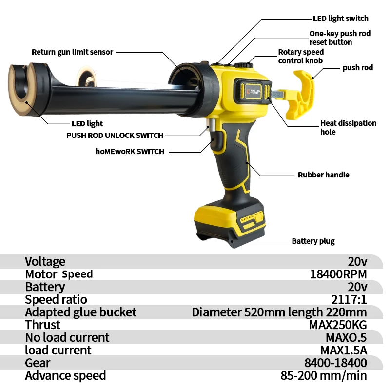مسدس السد الزجاجي الكهربائي اللاسلكي متعدد الوظائف قابل للتعديل سرعة ملء مسدس الغراء لدبوس بطارية ديوالت 20 فولت (بدون بطارية) #2