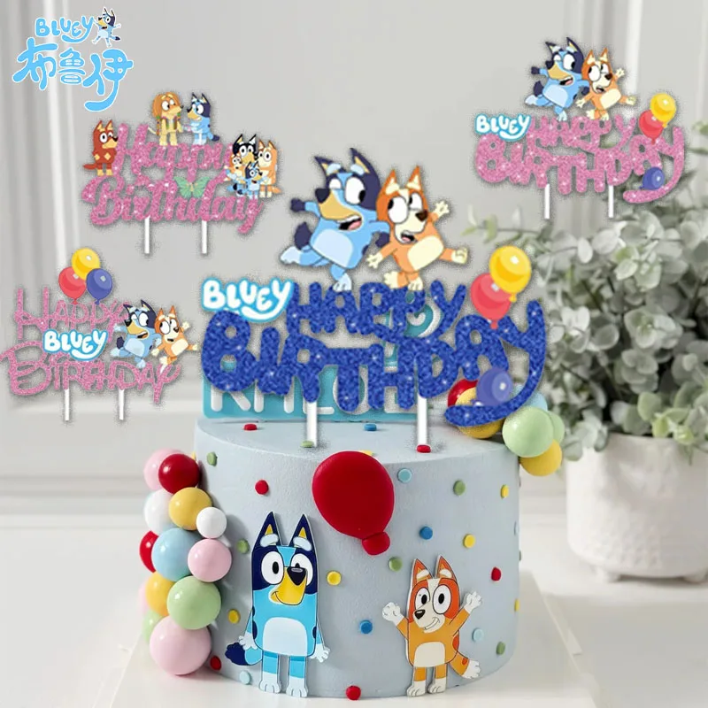 Karta do tortu Bluey, motyw Bingo, brokatowy proszek, HAPPY BIRTHDAY, flaga urodzinowa, dekoracja do tortu dla dzieci